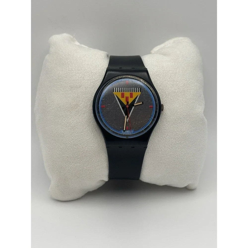 Vintage Swatch Lancelot Mens Watch 34mm Black Case GB110 Swiss New Battery